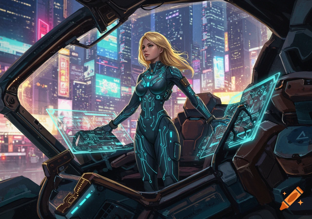Blonde female pilot in a futuristic suit controls a mech in a neon city.