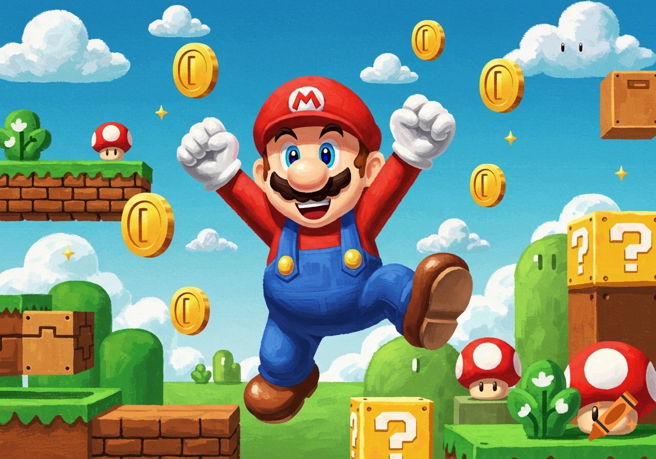 Cartoon illustration of Mario jumping amidst coins, question blocks, and mushrooms in a bright Super Mario Bros. level.