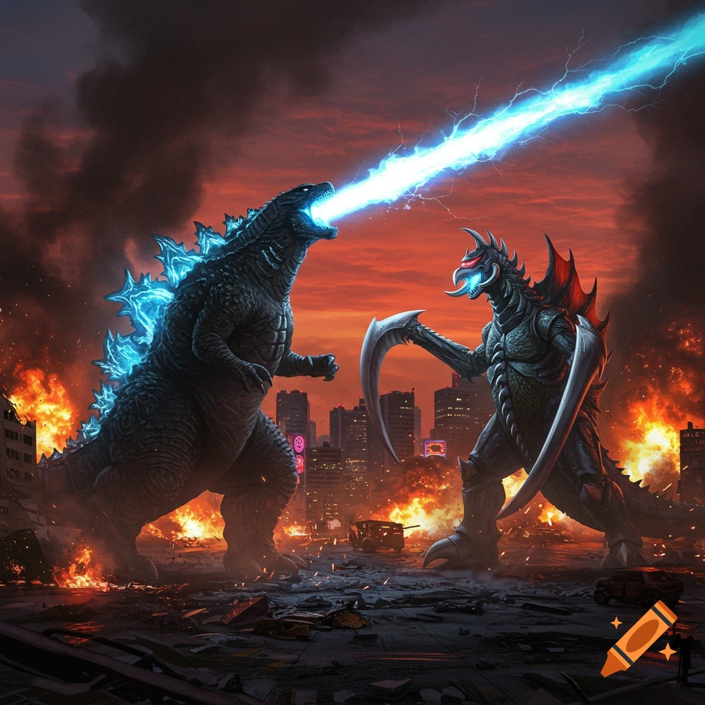 Godzilla fires blue atomic breath at Gigan in a burning, ruined city under a red sky.
