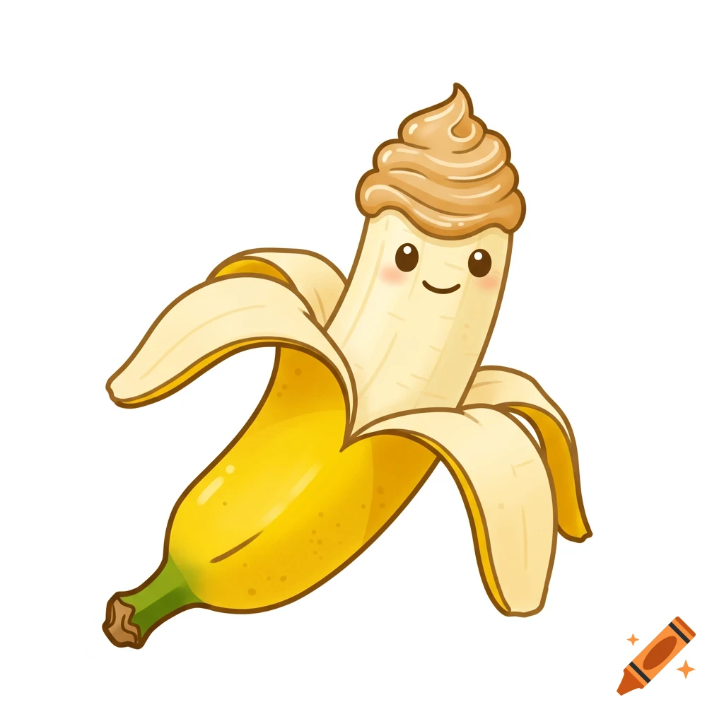A cute, smiling cartoon peeled banana with a swirl of light brown paste on its head.