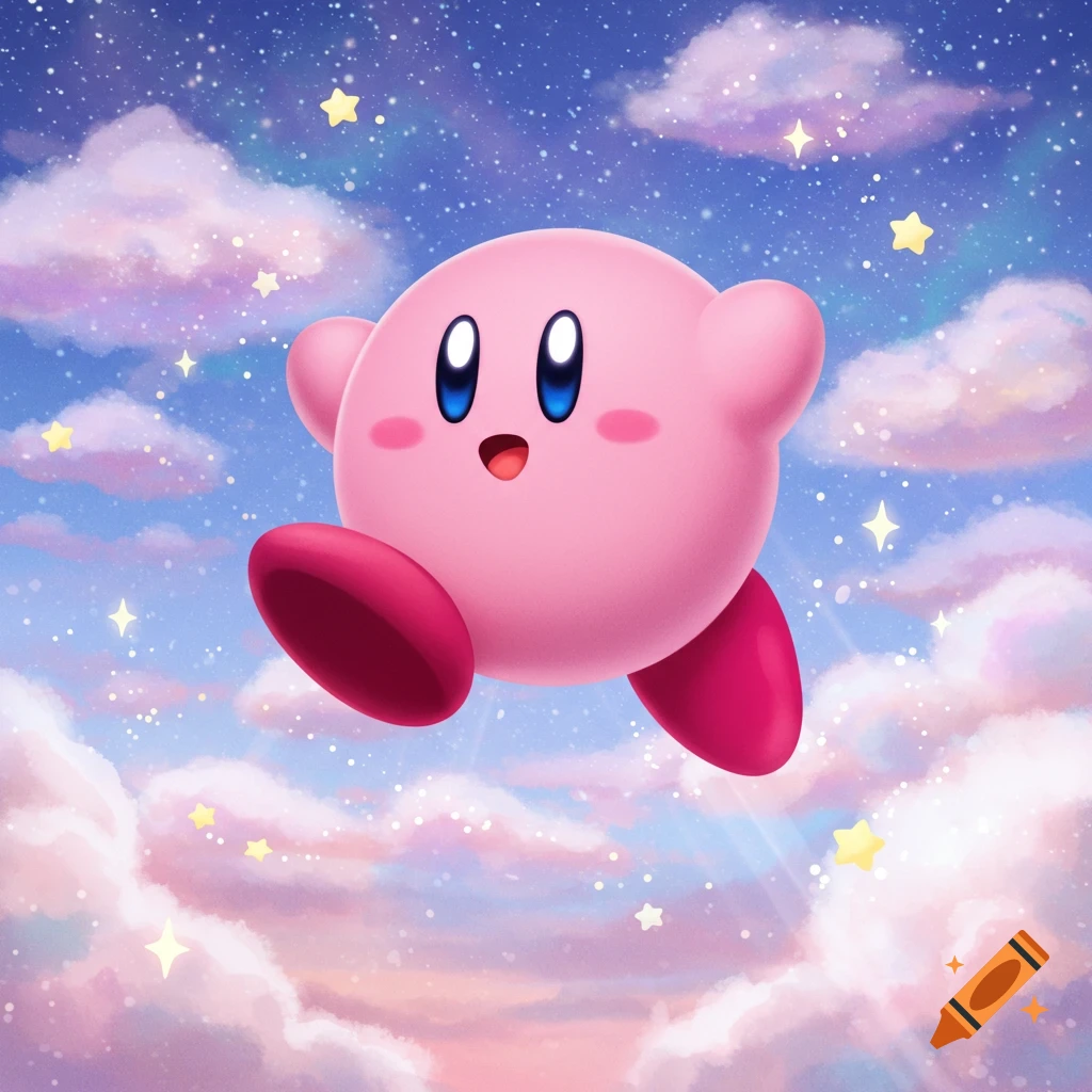 A cute pink Kirby runs through a dreamy, star-filled sky with pastel pink and blue clouds in a digital illustration.