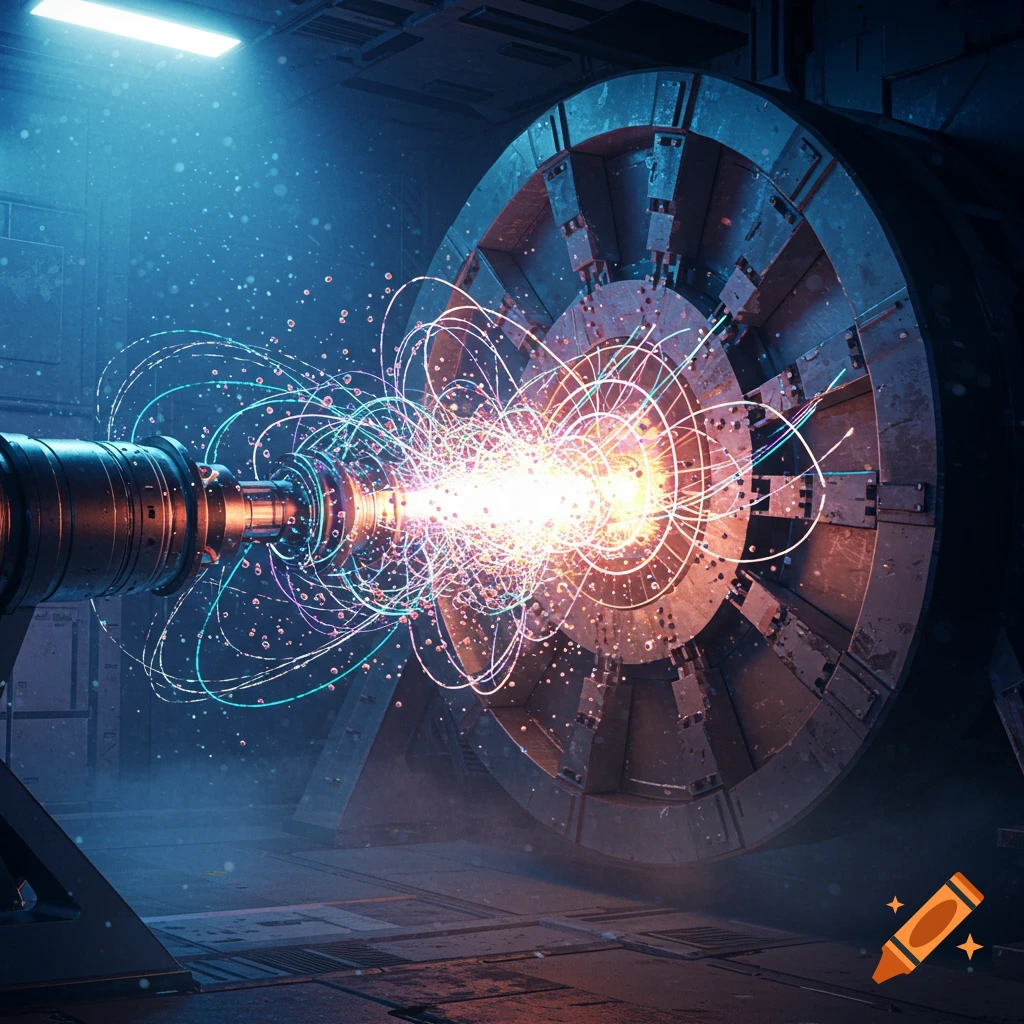 A futuristic particle accelerator generating a bright beam and colorful swirling subatomic particle trails.