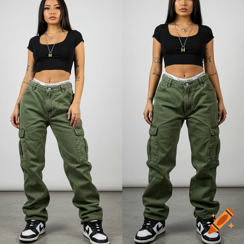 A woman in a black crop top, olive green cargo pants, and black and white Nike Dunks stands in a photorealistic style.