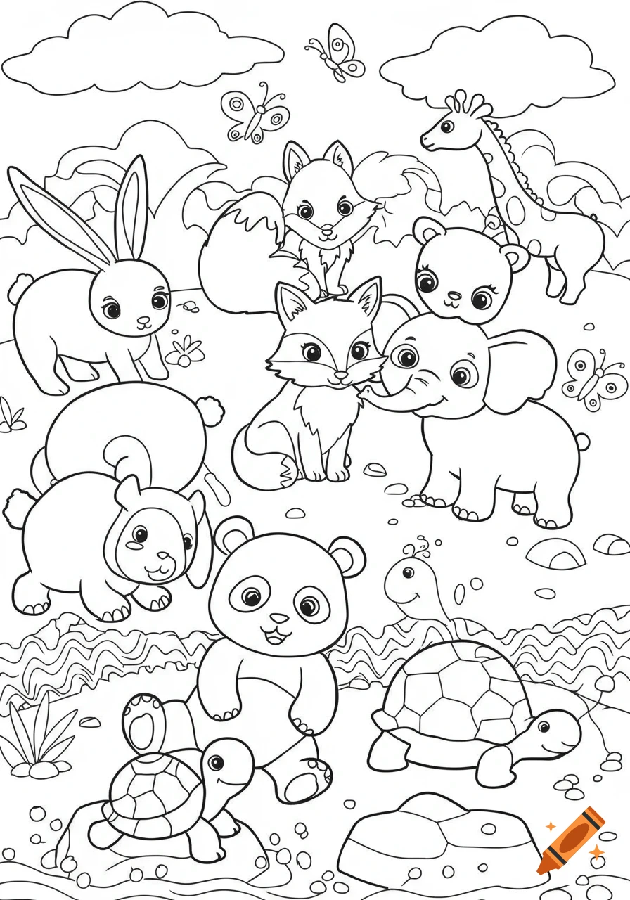 A black and white coloring page featuring various cute animals like a rabbit, foxes, bear, elephant, panda, giraffe, and turtles.