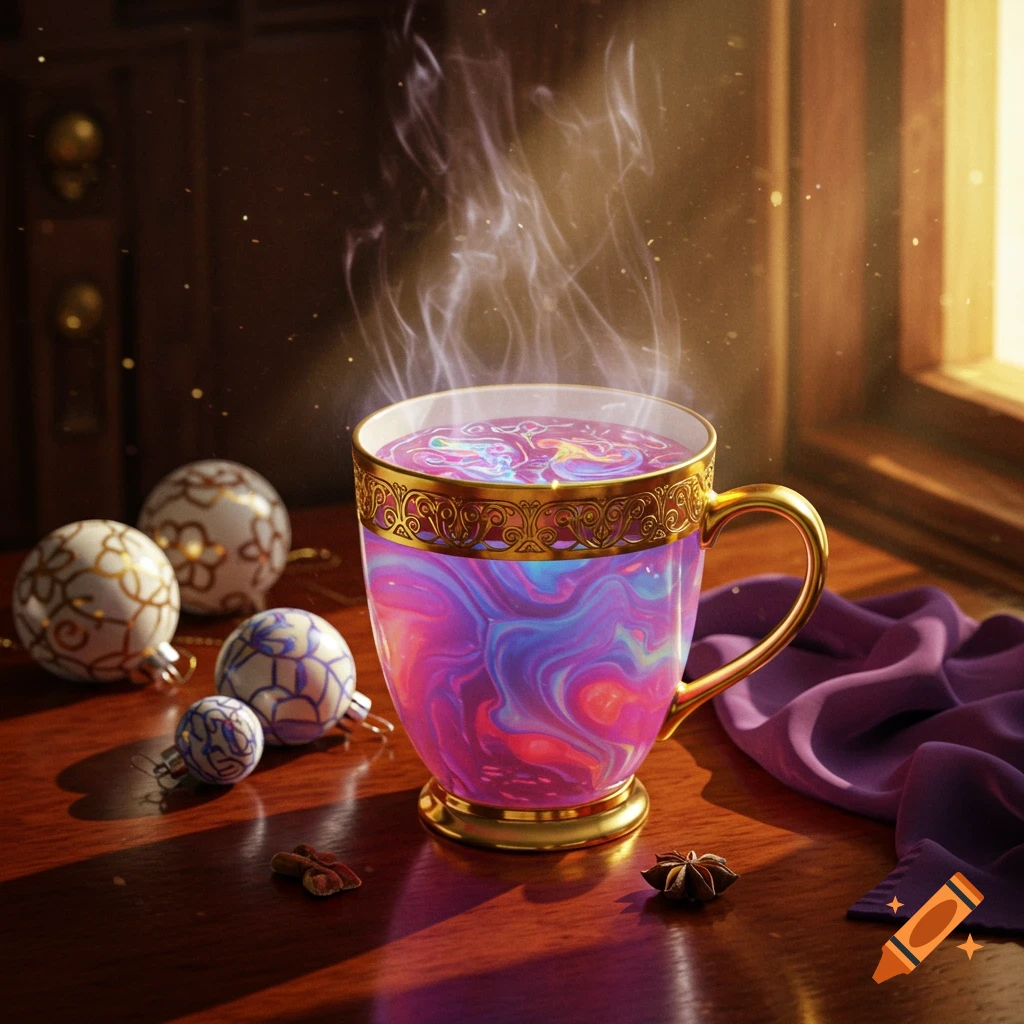 A steaming cup with gold trim and vibrant purple and blue swirling liquid sits on a wooden table with ornaments and spices, bathed in warm light.