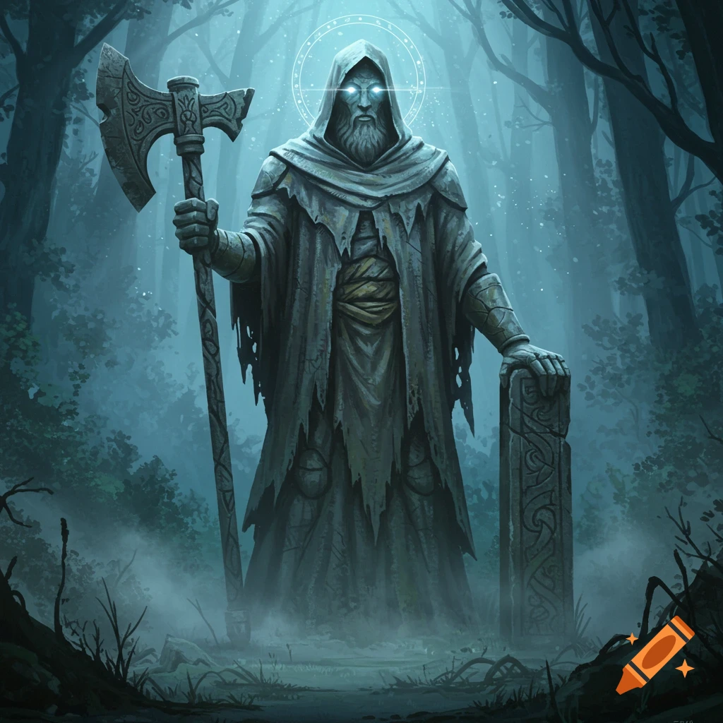 A stone statue with glowing blue eyes, a hooded cloak, and a large axe stands in a mystical, foggy forest.