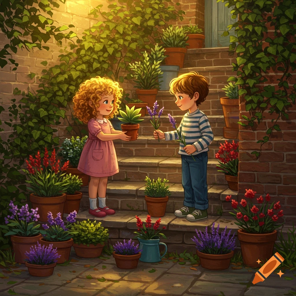 Two cheerful children in an illustrative style exchanging potted plants and flowers on a sunlit brick staircase surrounded by lush greenery.