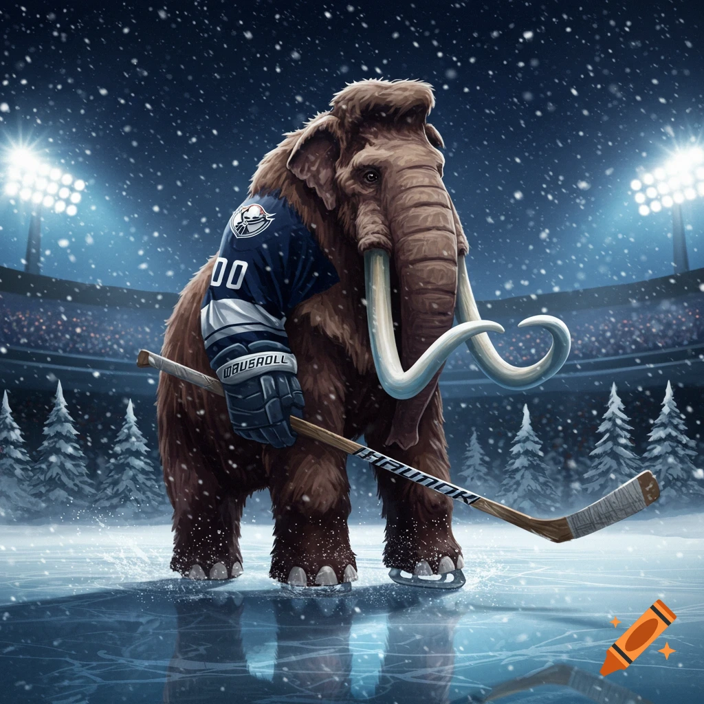A furry woolly mammoth wearing a blue and white hockey jersey, gloves, and ice skates, standing on a snowy ice rink while holding a hockey stick. Snow falls under stadium lights.