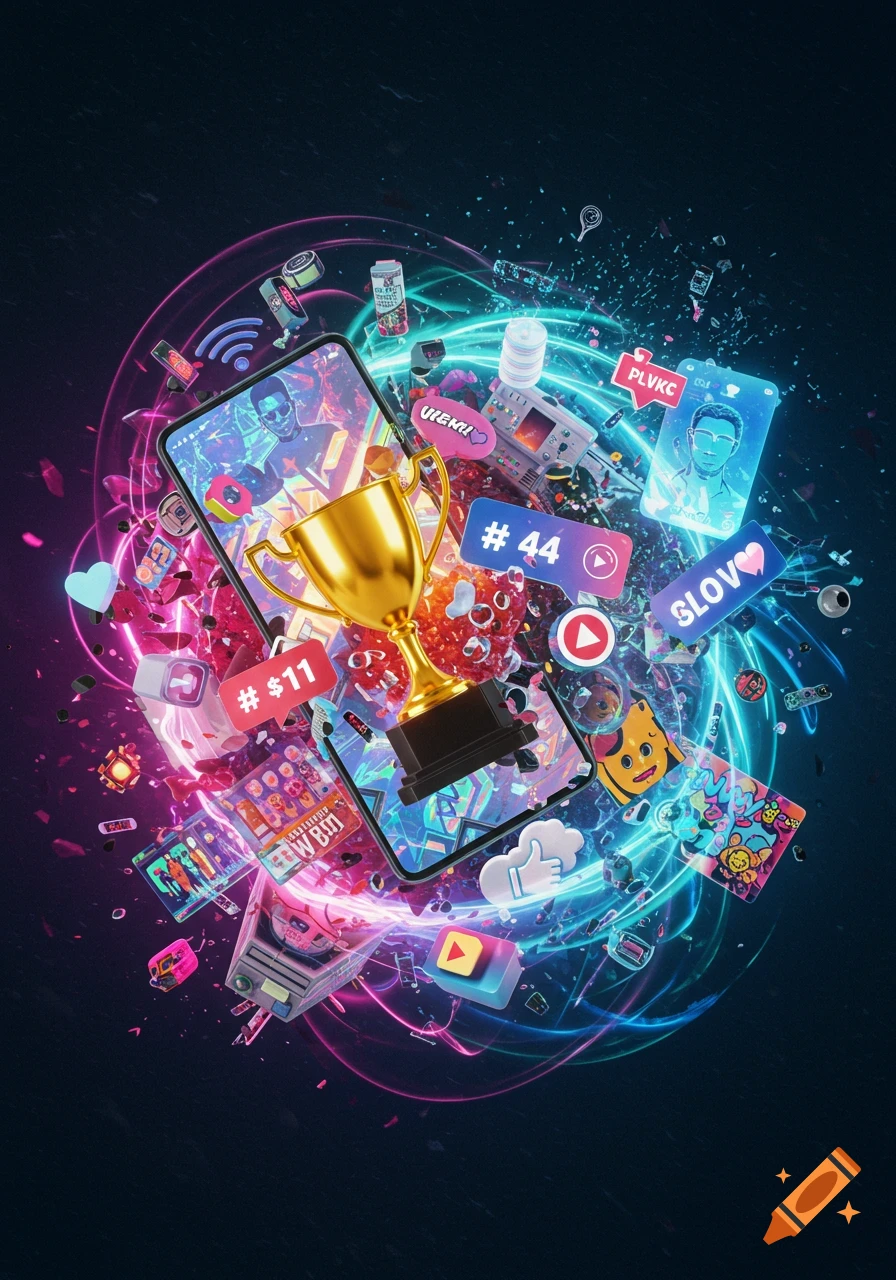 A golden trophy surrounded by various social media and gaming icons, a smartphone, and glowing neon light trails on a dark background.