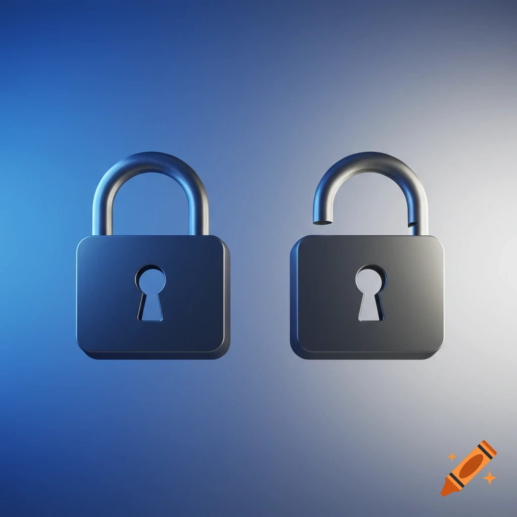 Two stylized padlocks, one locked and one unlocked, floating against a blue gradient background.