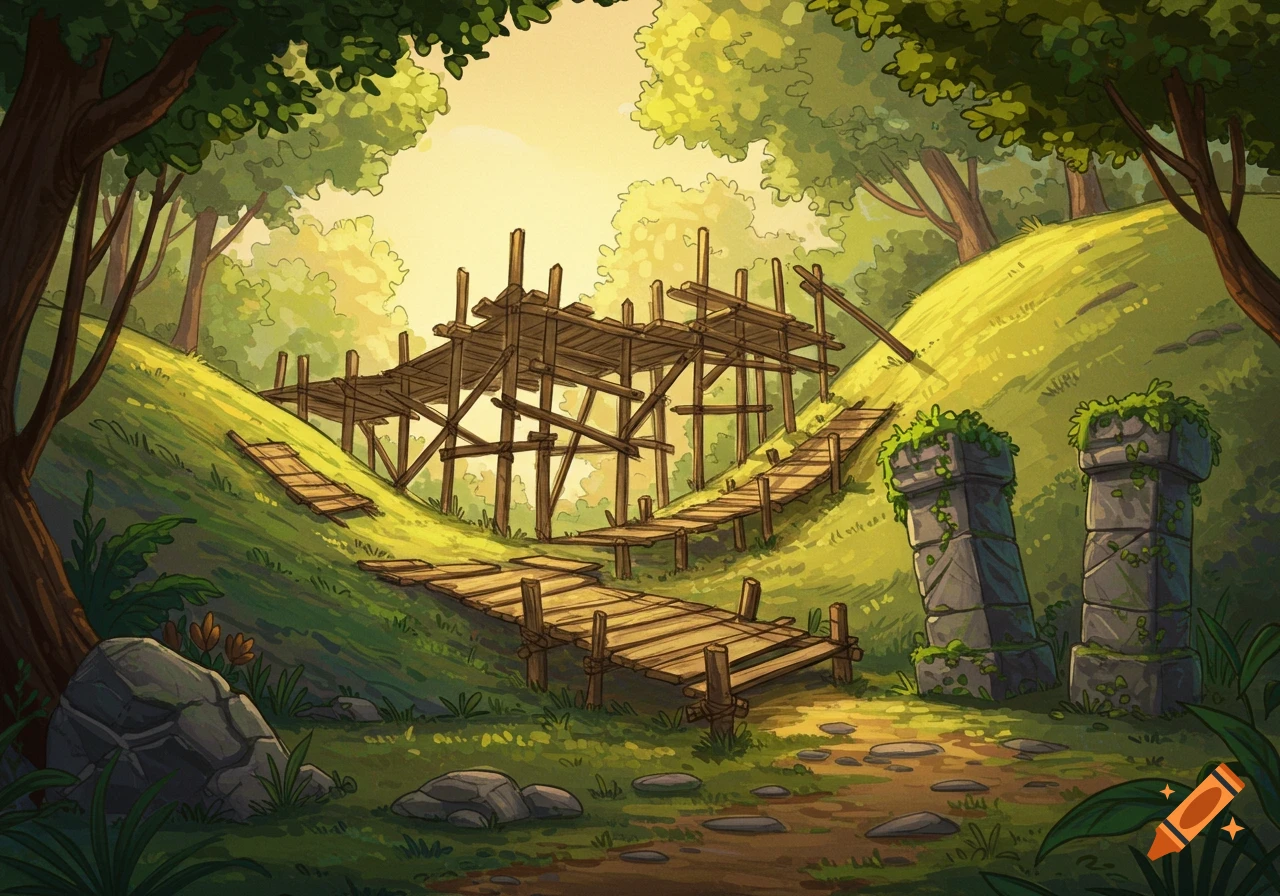 A cartoon concept sketch of old wooden scaffolding platforms and overgrown stone pillars on a grassy hill surrounded by trees, with a bright sky.