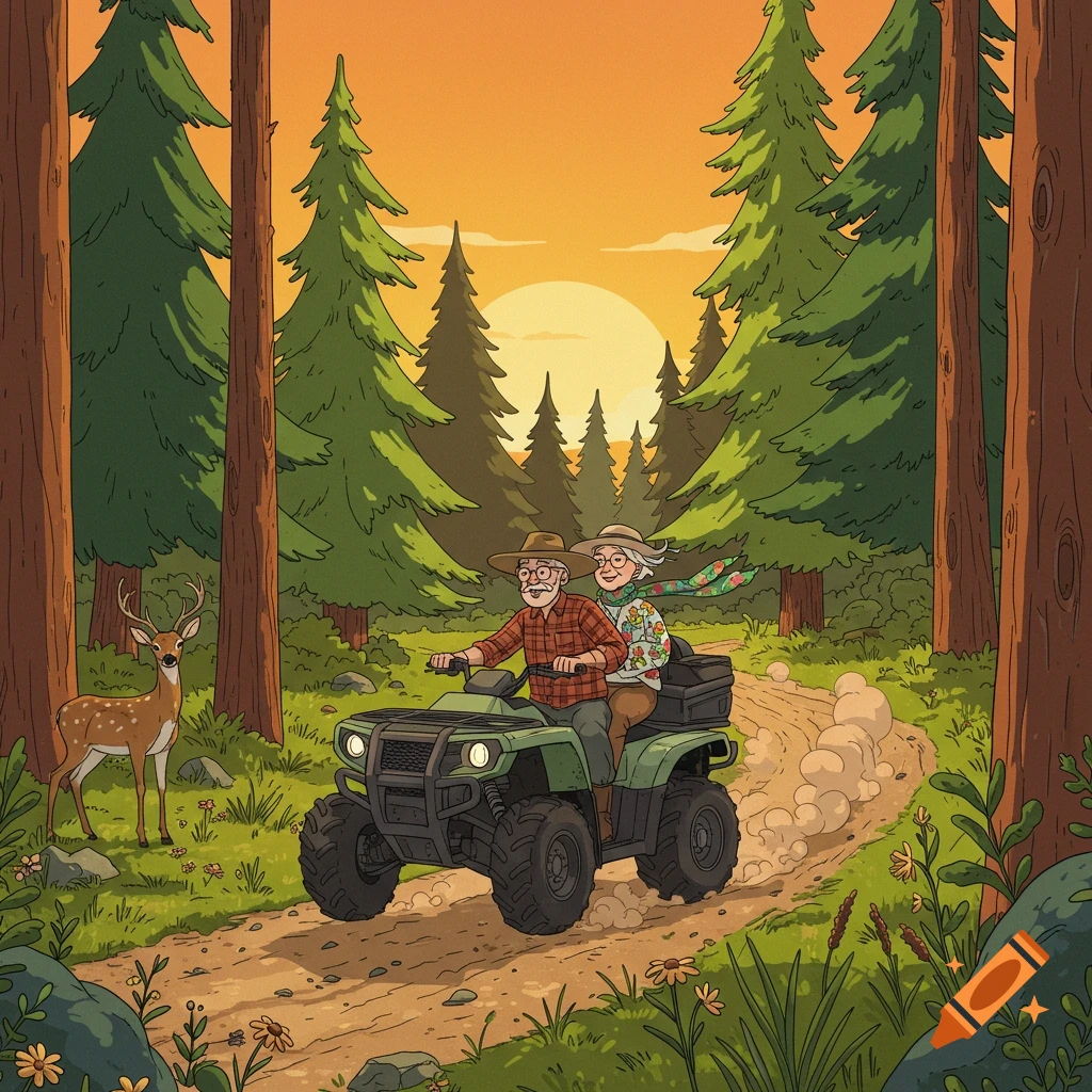 Older man and woman ride a green ATV on a dirt path through a pine forest at sunset, with a deer watching nearby in a cartoon style.