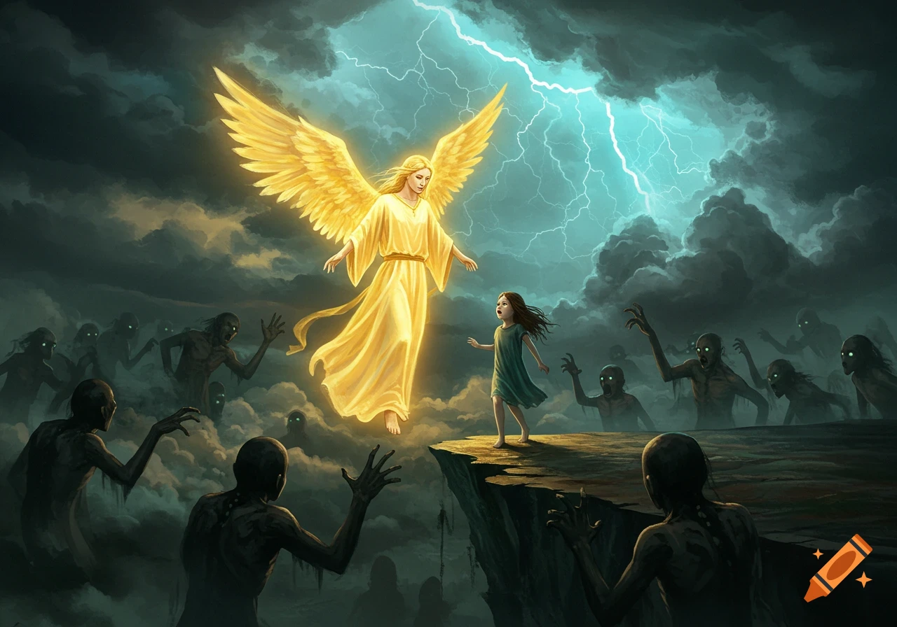 A glowing angel protects a girl from shadowy zombie-like creatures in a dark, stormy landscape with lightning, digital art.