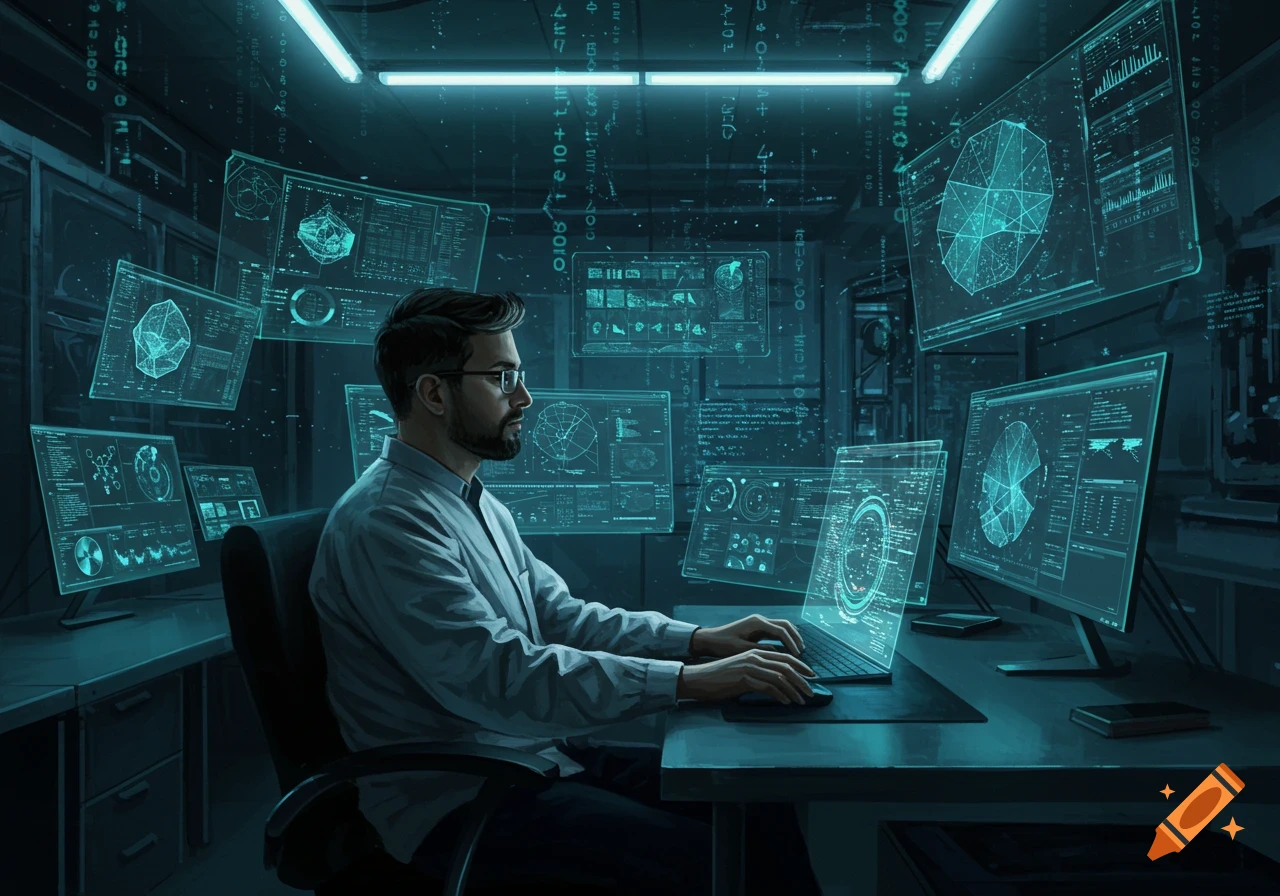 A man with glasses works at a desk in a futuristic lab surrounded by glowing holographic screens and data displays.
