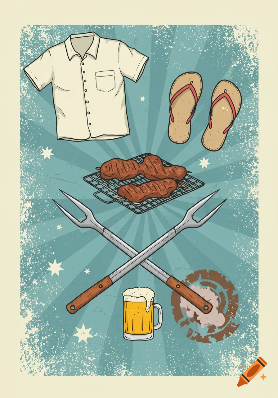 Illustration of a summer barbecue scene with a shirt, flip-flops, grilled meat, crossed barbecue forks, and a beer mug on a distressed blue background.