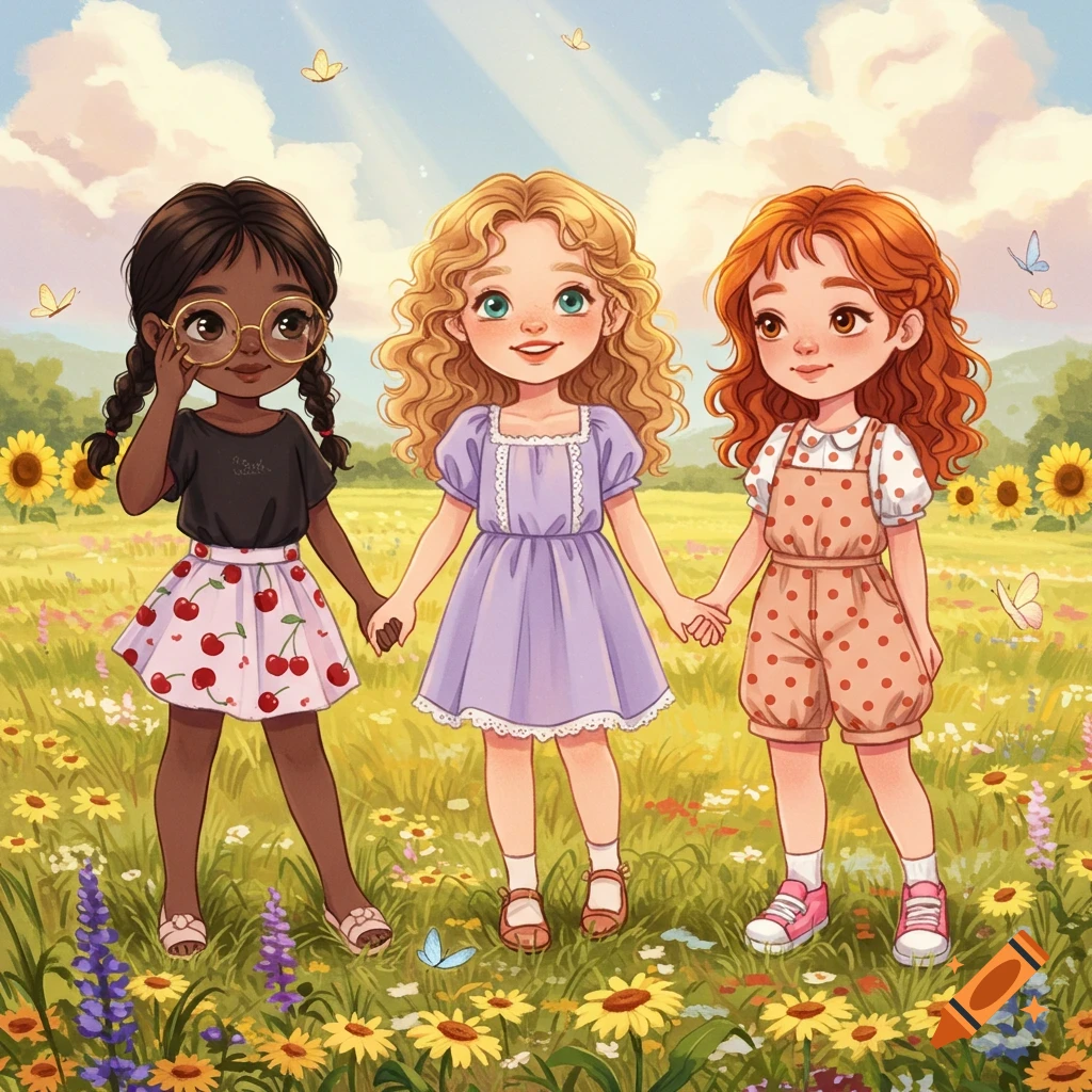 Three cute cartoon girls of diverse ethnicities holding hands in a field of colorful flowers and sunflowers under a blue sky with butterflies.