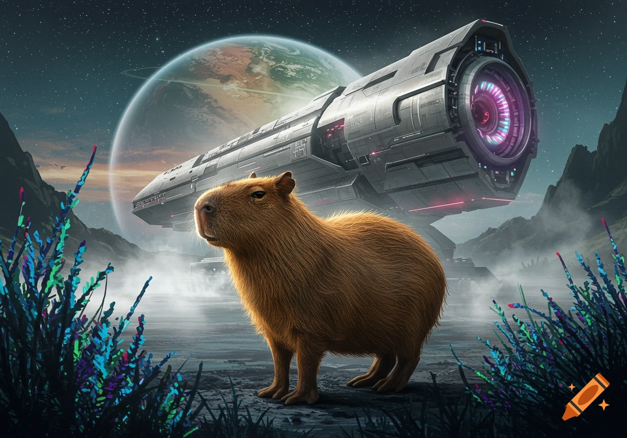 A photorealistic capybara stands on an alien planet with a large spaceship and a ringed planet in the background.