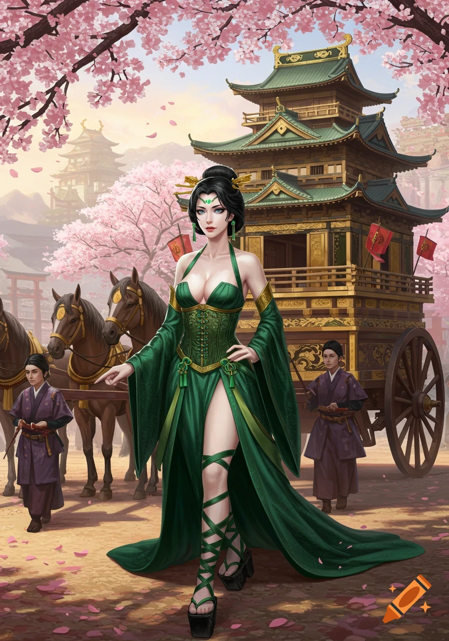 A beautiful Japanese woman in a low-cut emerald dress and leg wraps stands under cherry blossoms by a horse-drawn wagon.