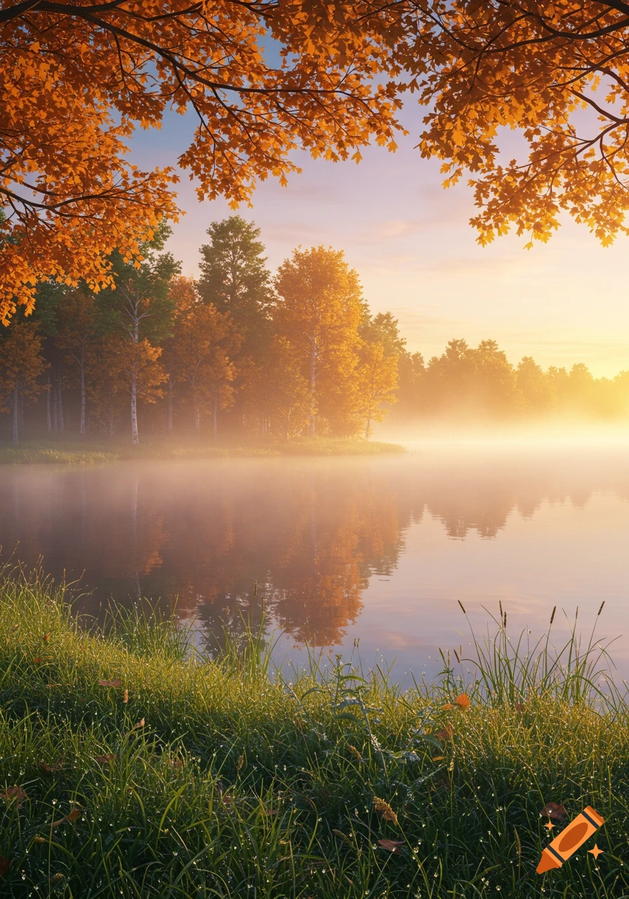 Serene autumn landscape with orange leaves framing a misty lake at sunrise, surrounded by colorful trees and grass with dew drops.