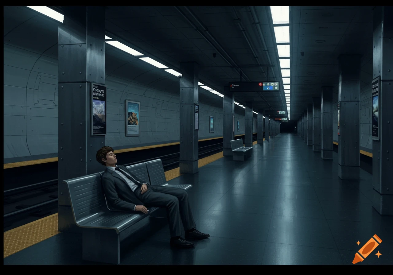 A man in a suit sleeps on a bench in a dark, empty subway station with tracks and columns.