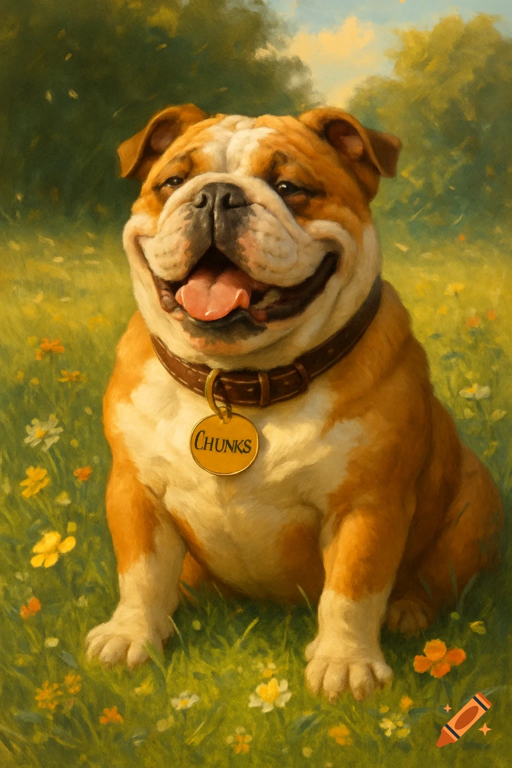 A happy bulldog with a tag reading 'CHUNKS' on its collar sits in a field of green grass and small flowers, painted in a vibrant, illustrative style.