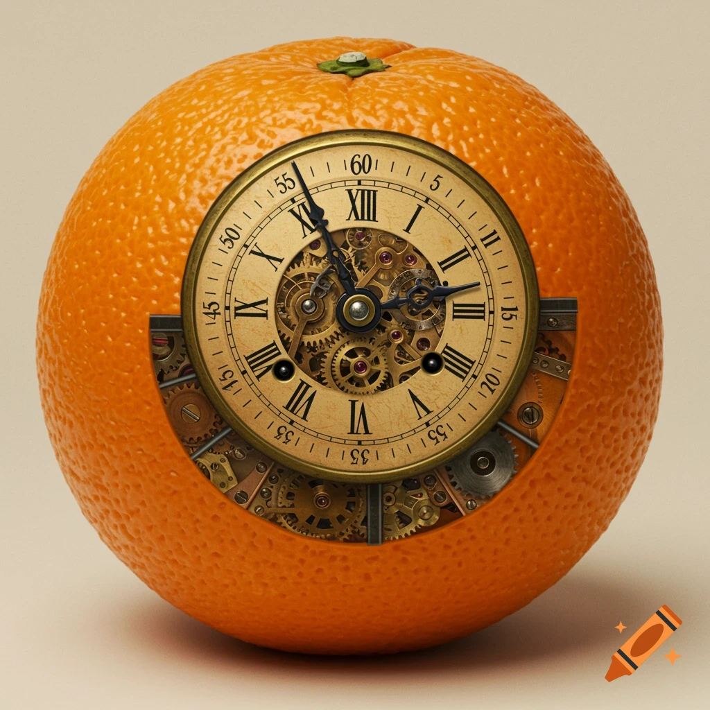 A detailed orange with a clock face and exposed gears embedded into its side, set against a plain background.