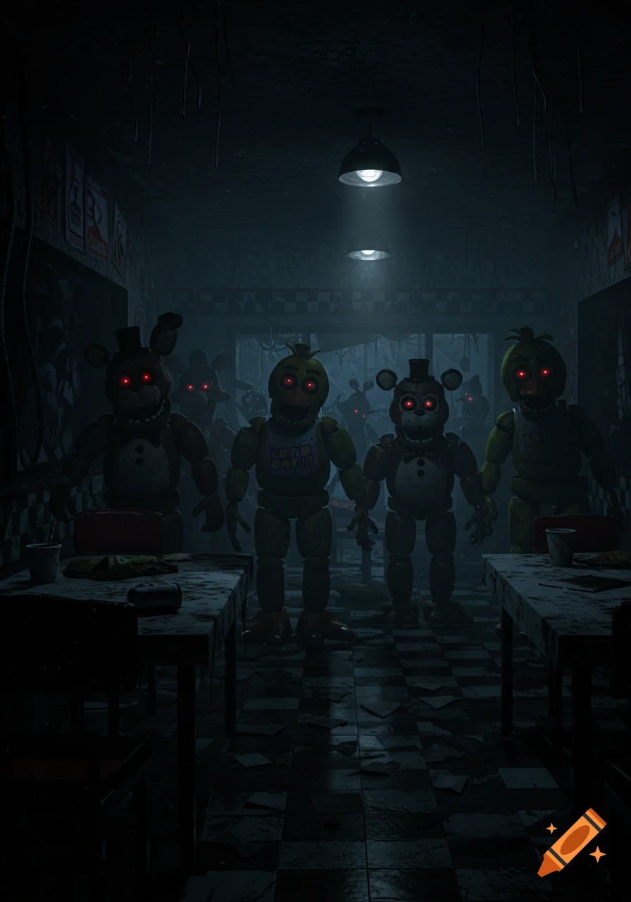 Creepy animatronic characters with glowing red eyes in a dark, dilapidated room, reminiscent of Five Nights at Freddy's.