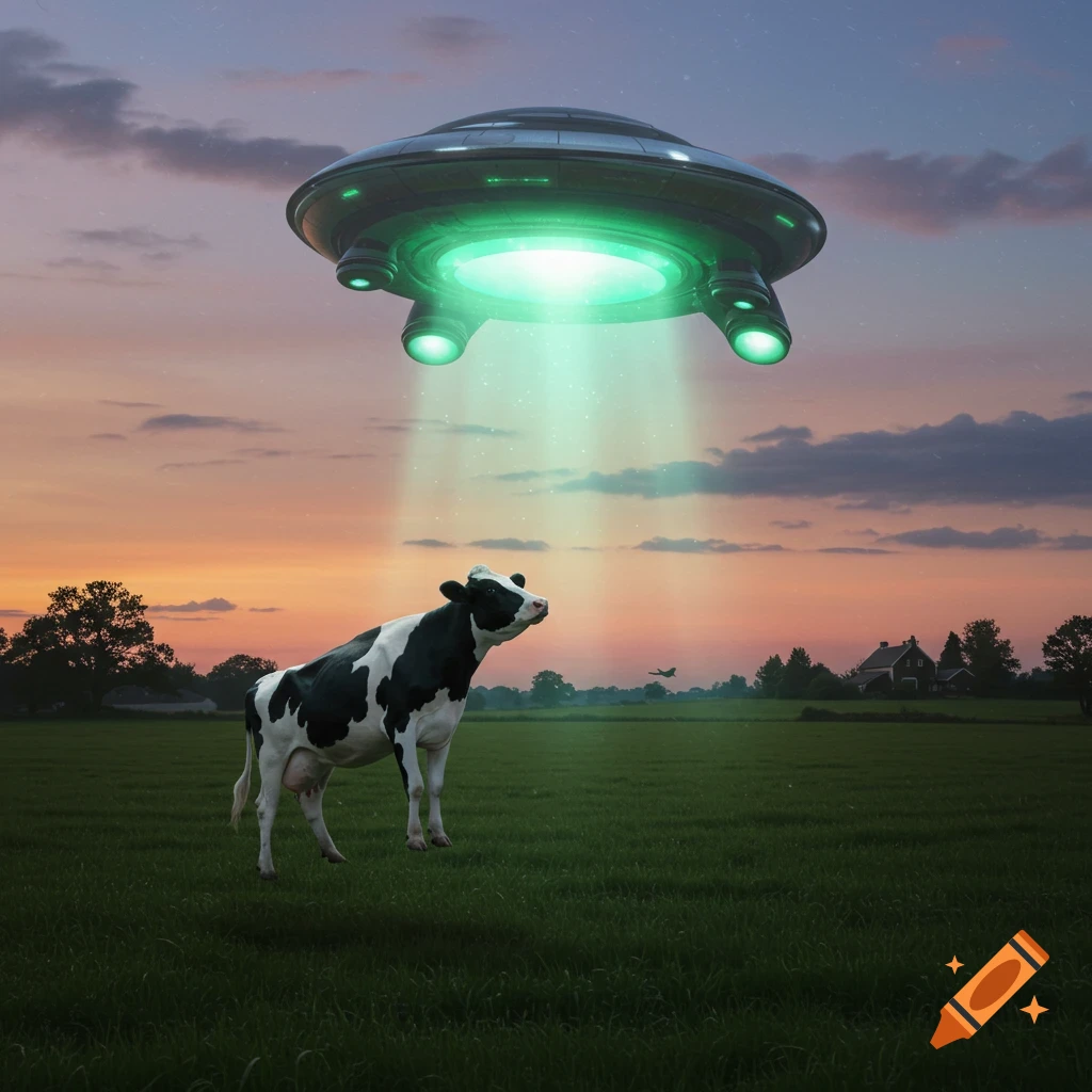 A photorealistic black and white cow floats into an alien spaceship's green beam over a green field at sunset.