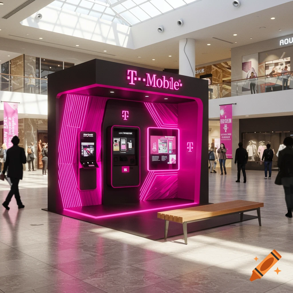 A T-Mobile kiosk with bright pink neon lights and digital screens inside a bustling shopping mall, with a wooden bench in front.