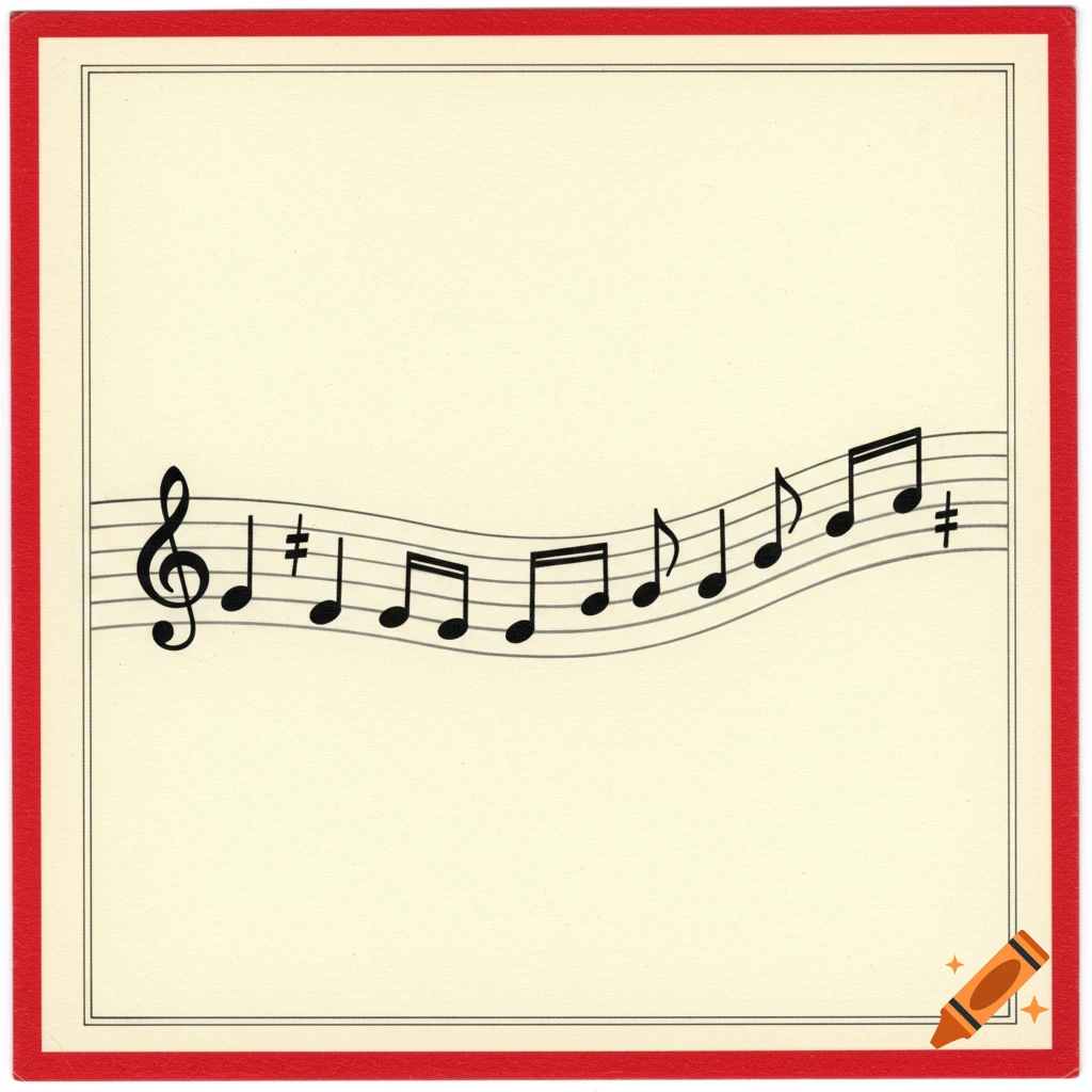 A square page with a wavy music staff and notes on an ivory background with a red border.