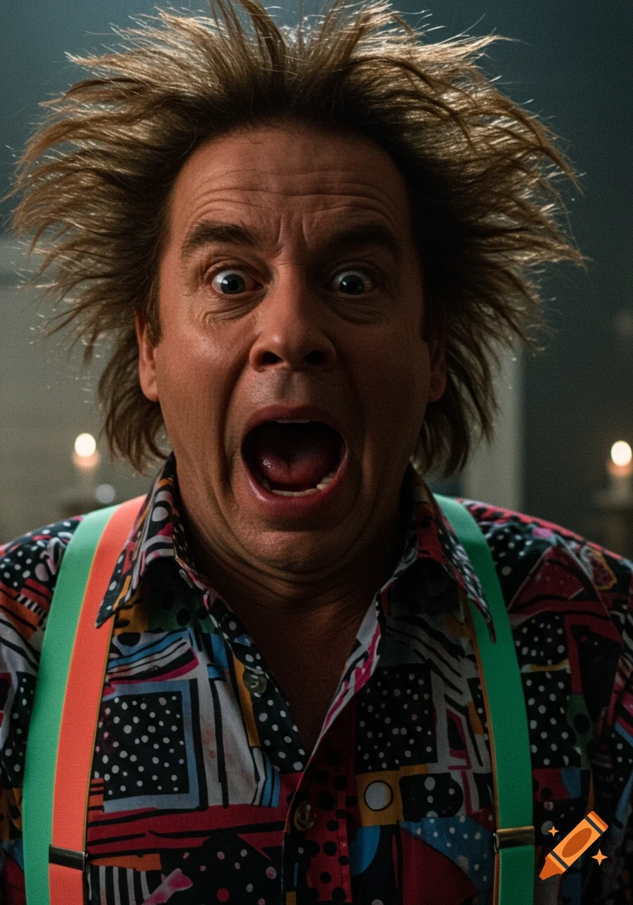 Close-up of a man with wild, spiky hair and a colorful patterned shirt screaming in fear, a film still.