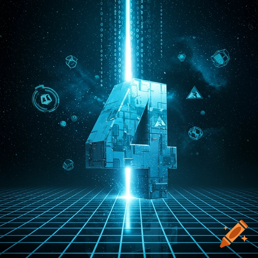 A glowing, metallic, futuristic number 4 on a grid floor with binary code falling through space.