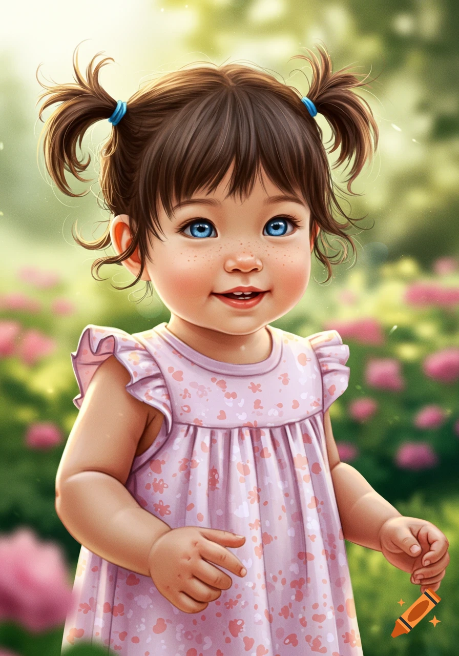 A cute toddler with blue eyes, freckles, and dark brown pigtails, wearing a pink dress, smiles in a sunny garden.