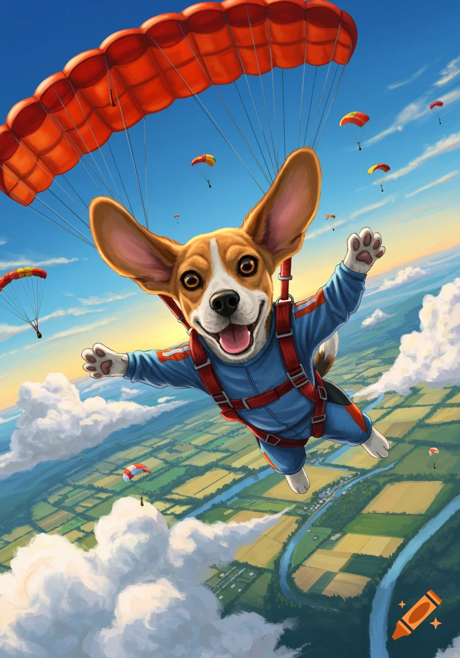 A happy beagle dog in a blue jumpsuit skydiving with a red parachute, looking down at green fields and clouds below.