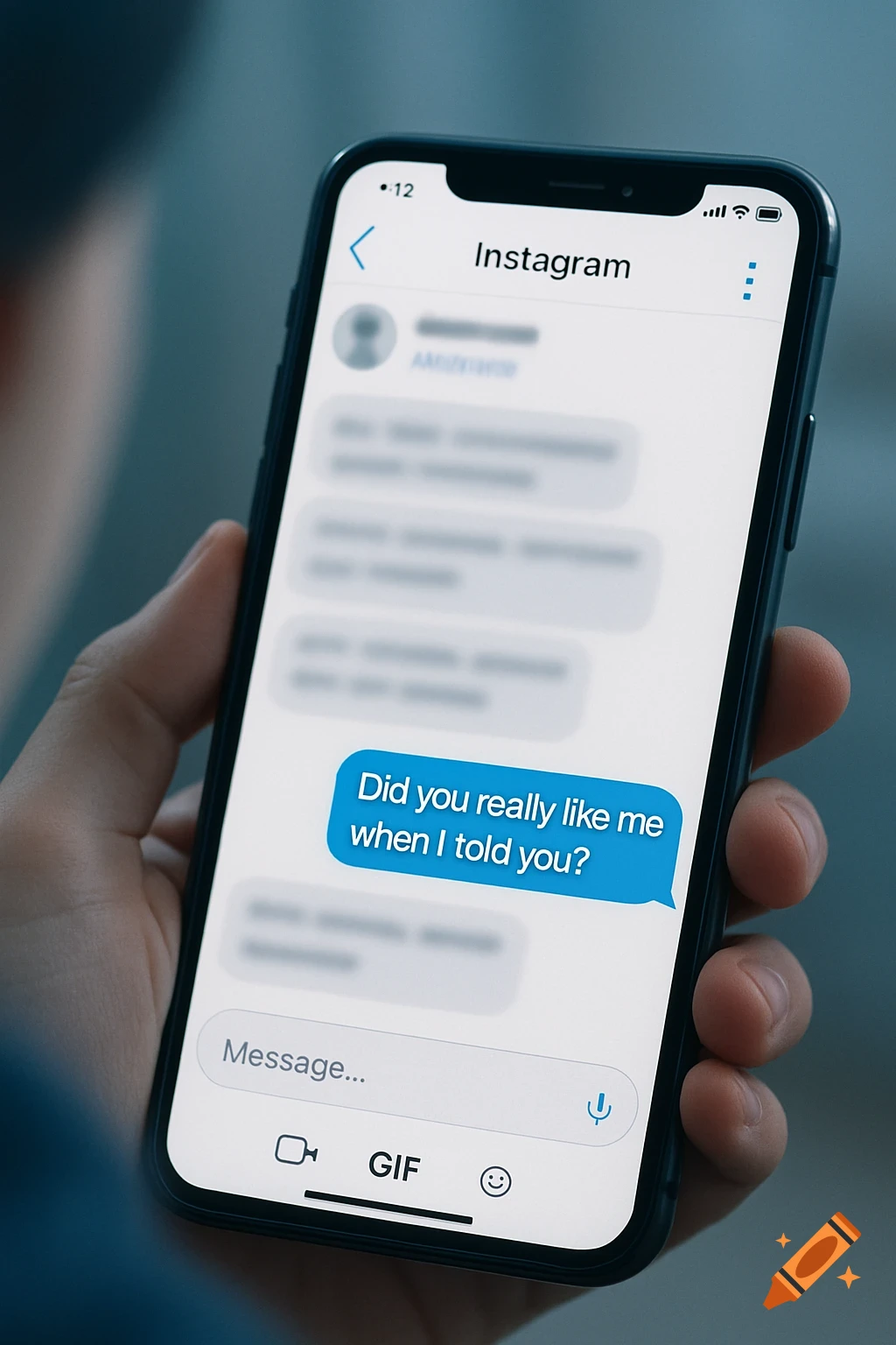 Close-up of a person holding a smartphone displaying an Instagram chat with the message 'Did you really like me when I told you?'