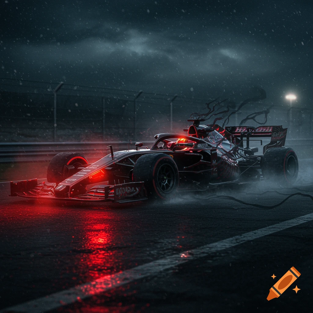 A dark, menacing Formula 1 race car with glowing red lights drives through rain on a track at night, with dark, smoky tendrils rising from its rear.