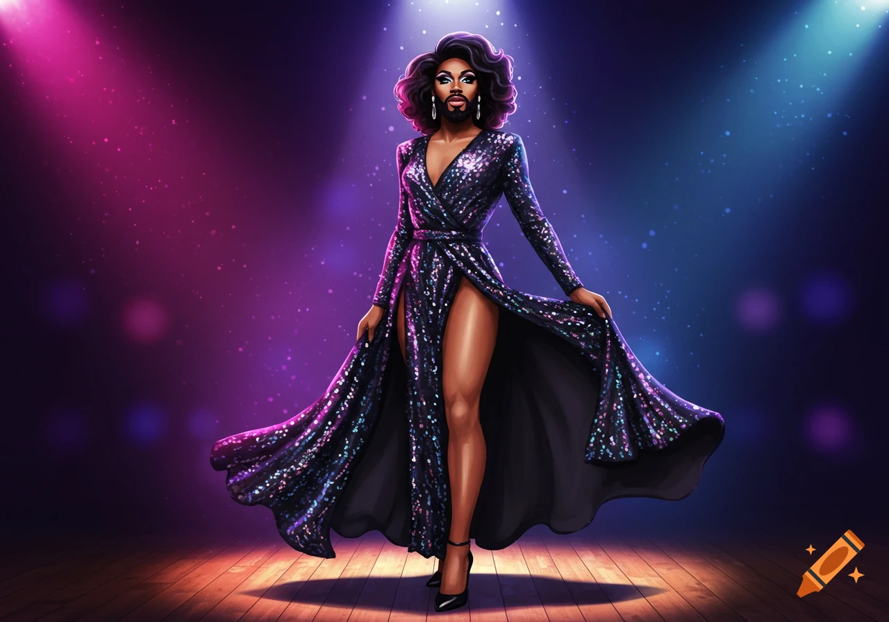 An illustration of a bearded drag queen in a sparkling purple dress and high heels, standing on a stage with colorful spotlights.