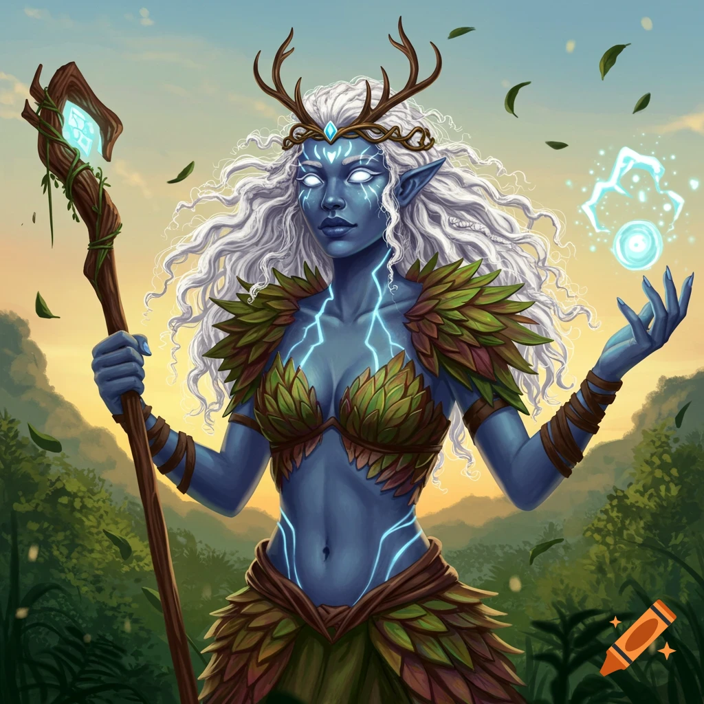 Blue-skinned fantasy female with white curly hair, glowing eyes, antlers, and leafy armor, holding a glowing staff in a lush landscape.