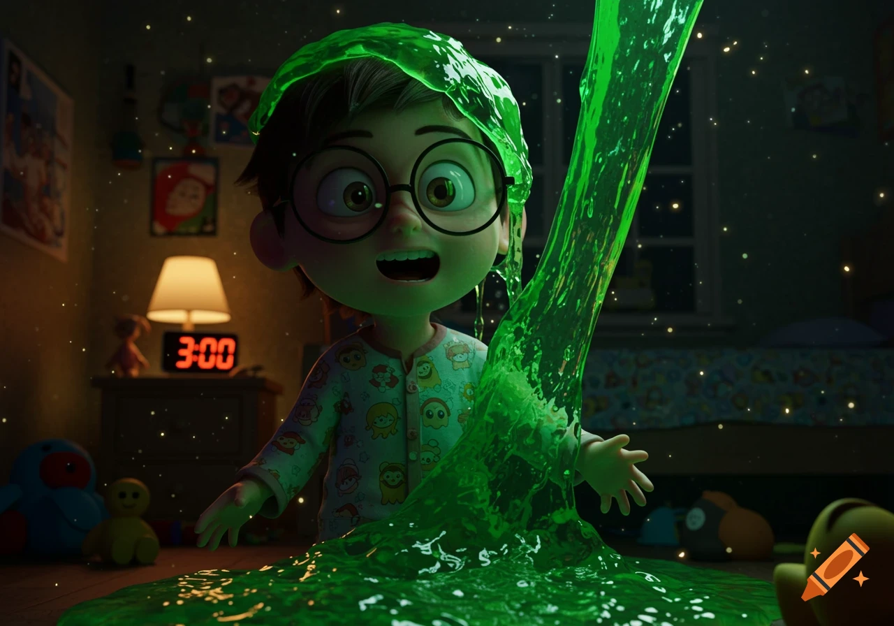 Photorealistic 3D render of a boy in pajamas with glasses getting covered in green slime in his bedroom at 3:00 AM.