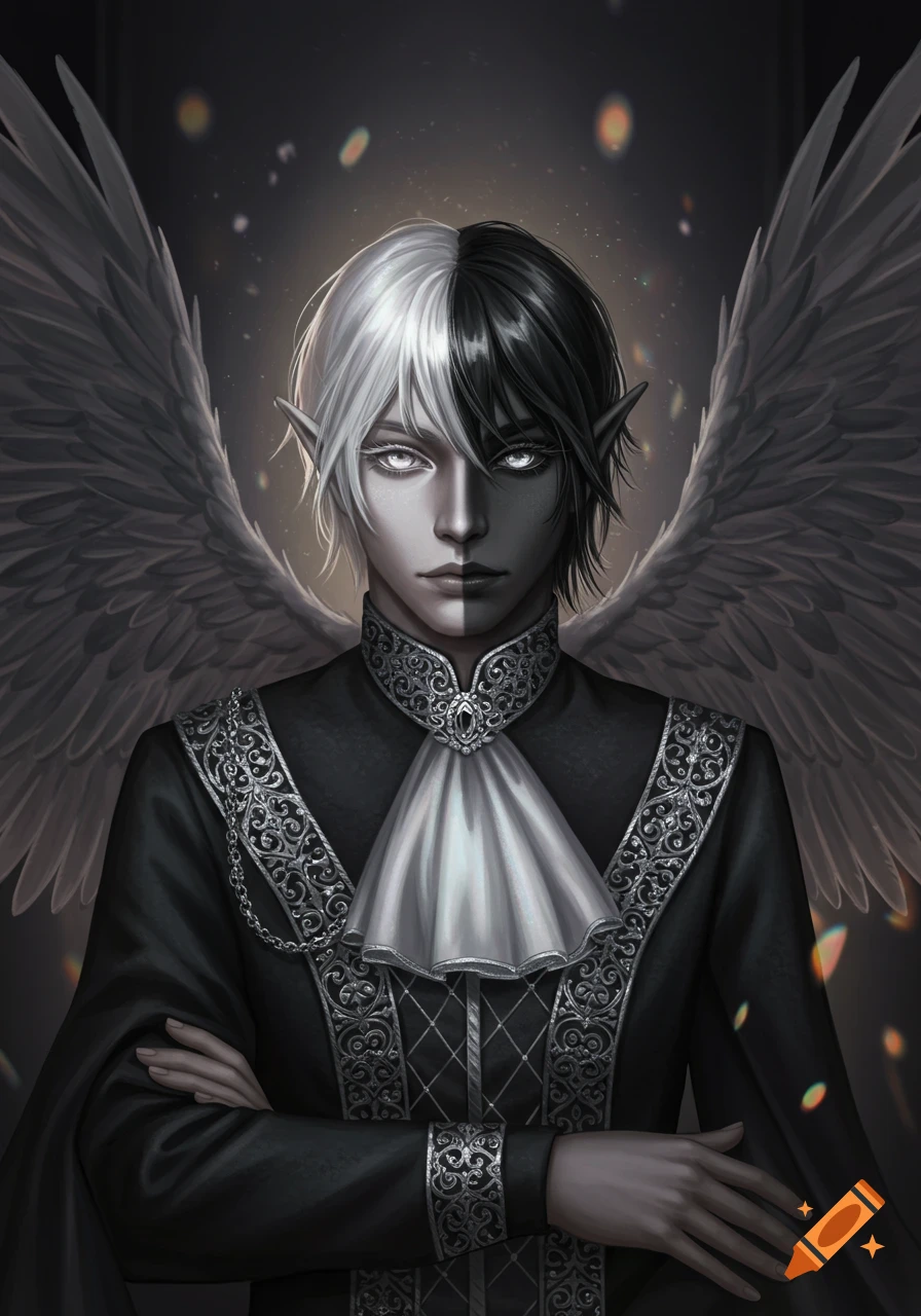 Digital art portrait of a fantasy character with split black and white hair, pointed ears, and large wings, wearing an ornate black and silver outfit.