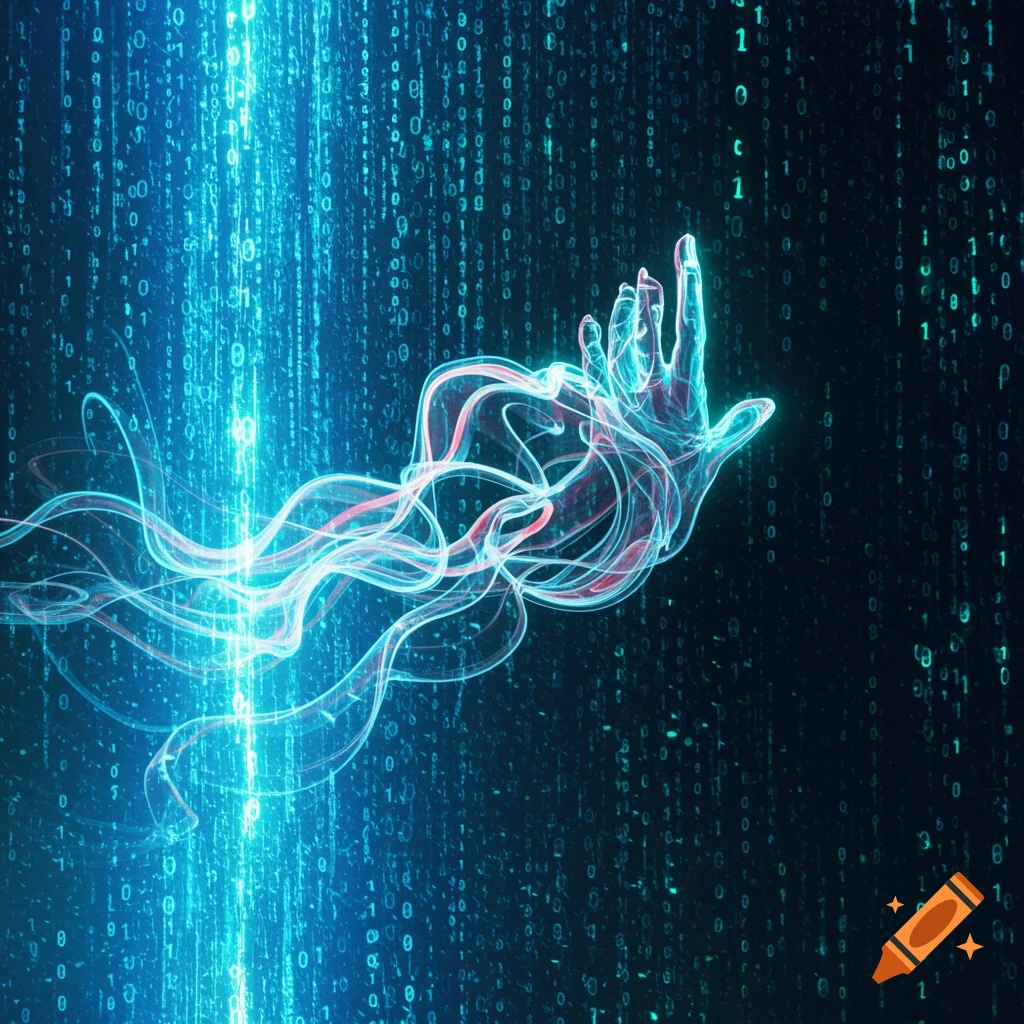 A glowing, ethereal hand-like form emerges from a blue data stream of binary code and light against a dark background.