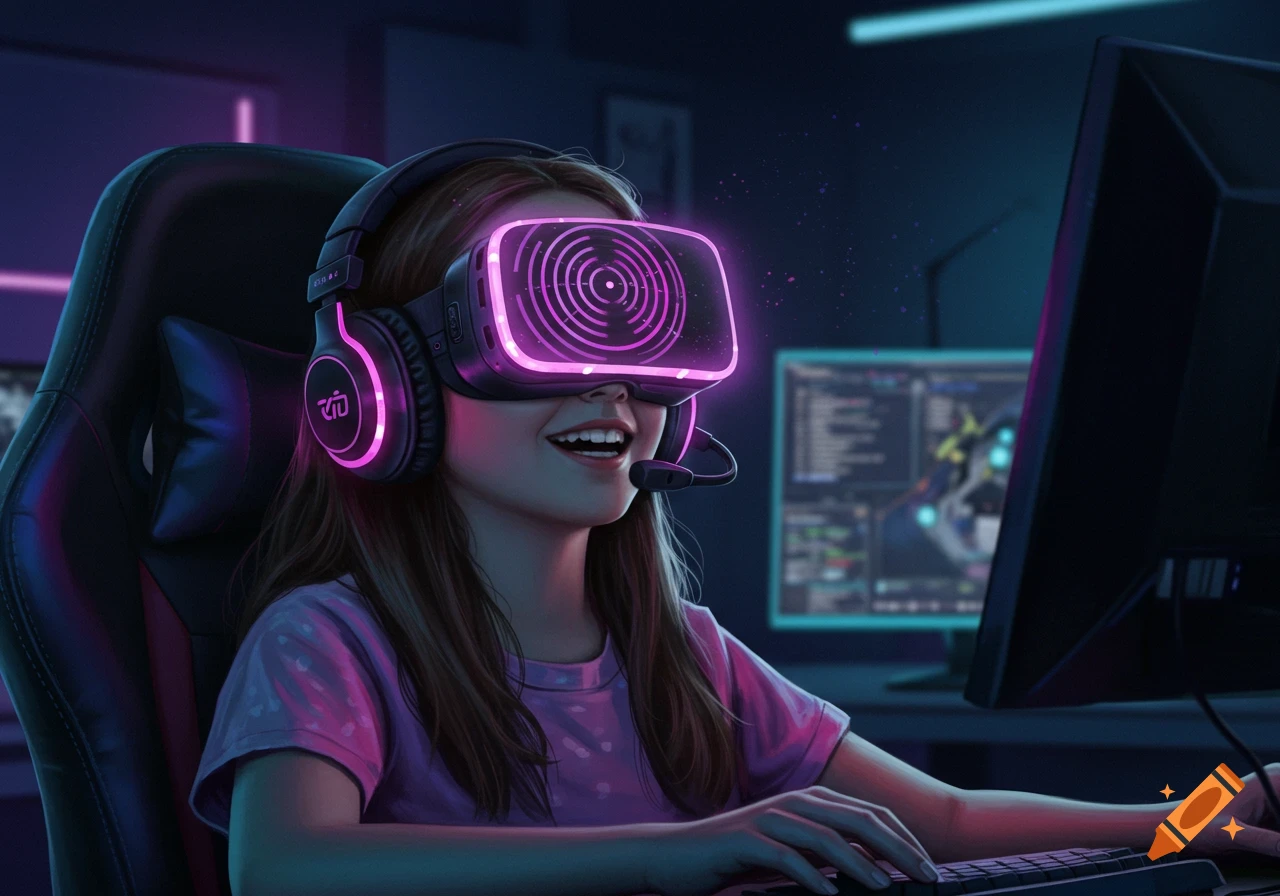 A young girl with a smile wears a glowing purple VR headset and headphones while gaming at a computer in a dark, neon-lit room.