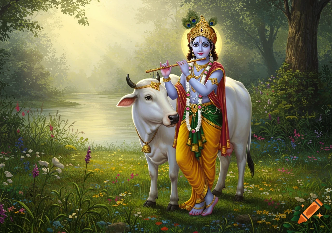 Krishna playing a flute next to a white cow in a lush, sunlit riverside meadow.