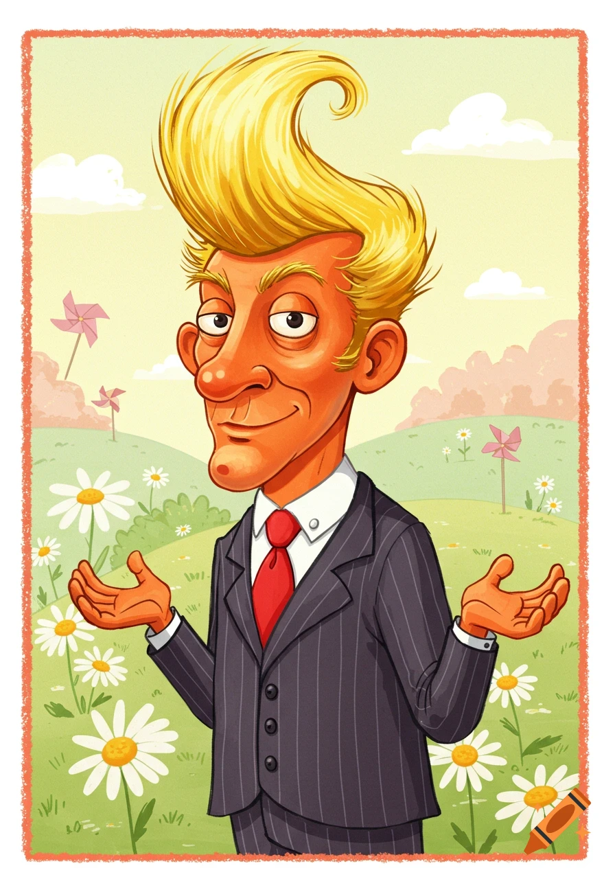 A cartoon man with orange skin and bright yellow hair in a pinstripe suit shrugs in a field of daisies.