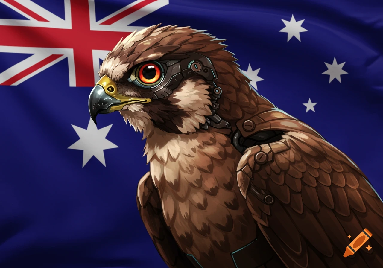 A close-up, anime-style cybernetic falcon with an orange eye and brown feathers, set against a waving Australian flag.