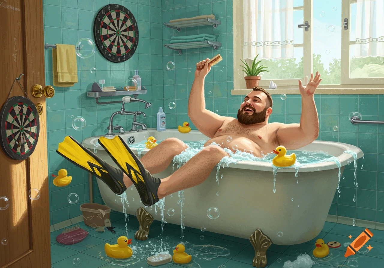 A bearded man in swim fins sits in an overflowing bathtub filled with bubbles and rubber ducks, laughing while holding a brush. Two dartboards are on the bathroom walls.