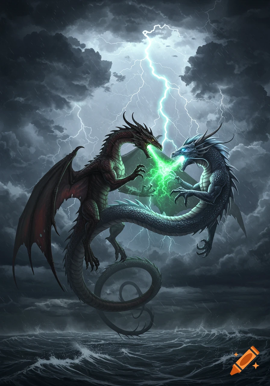 Two powerful dragons, a red one and a blue one, engage in a magical battle, breathing green energy at each other under a stormy, lightning-filled sky above a turbulent sea.