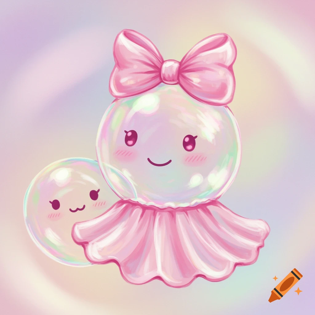 Two smiling, translucent bubble characters, one larger with a pink bow and dress, the other smaller, on a pastel background.