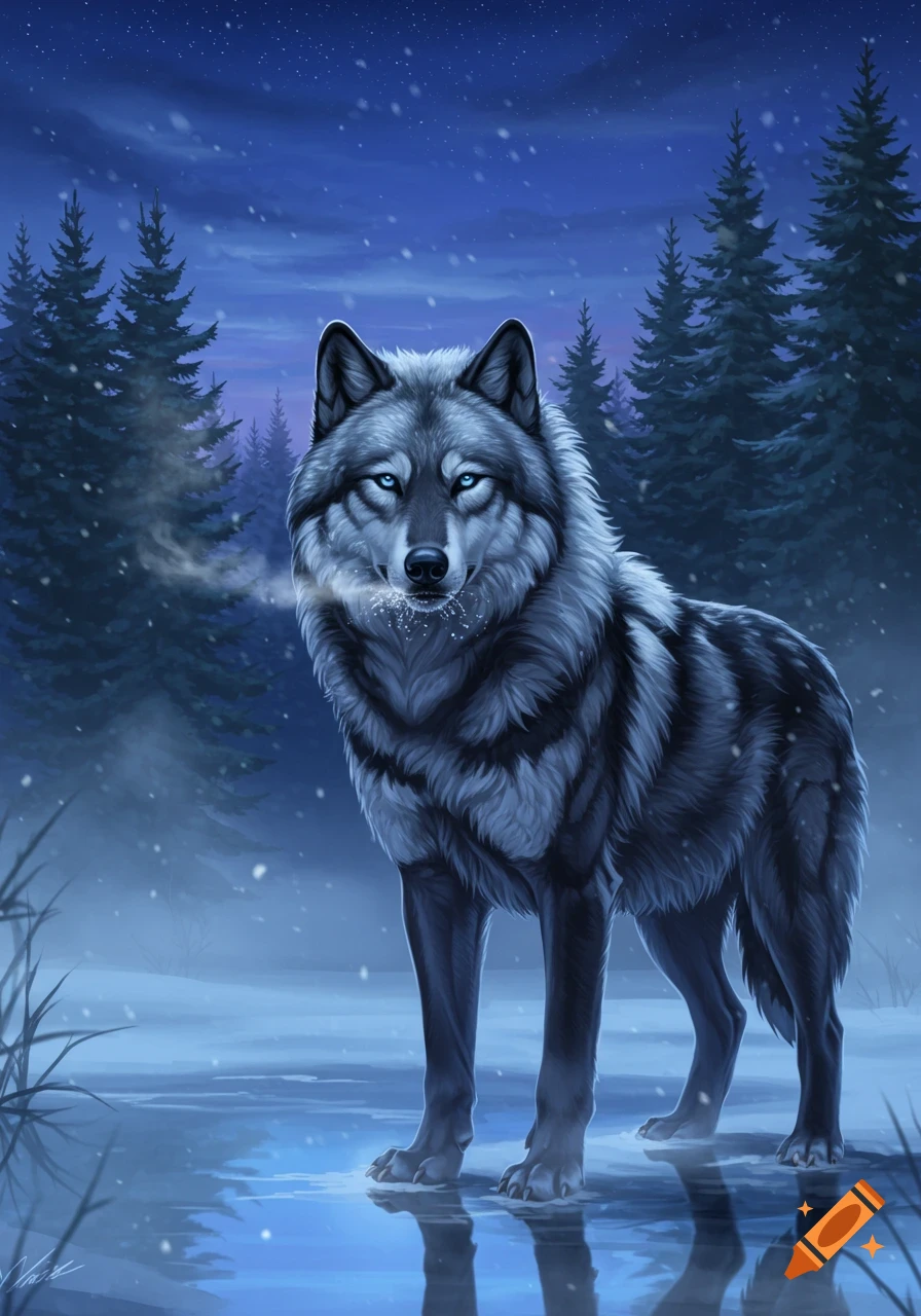A detailed digital painting of a silver and black wolf with glowing blue eyes, standing in icy water in a snowy forest at night.