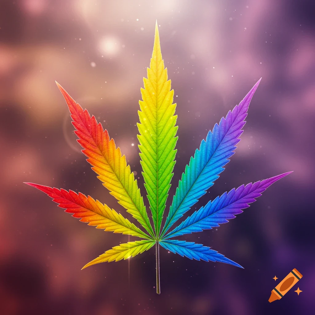 A vibrant cannabis leaf colored in rainbow hues, set against a softly blurred, warm-toned background with light flares.